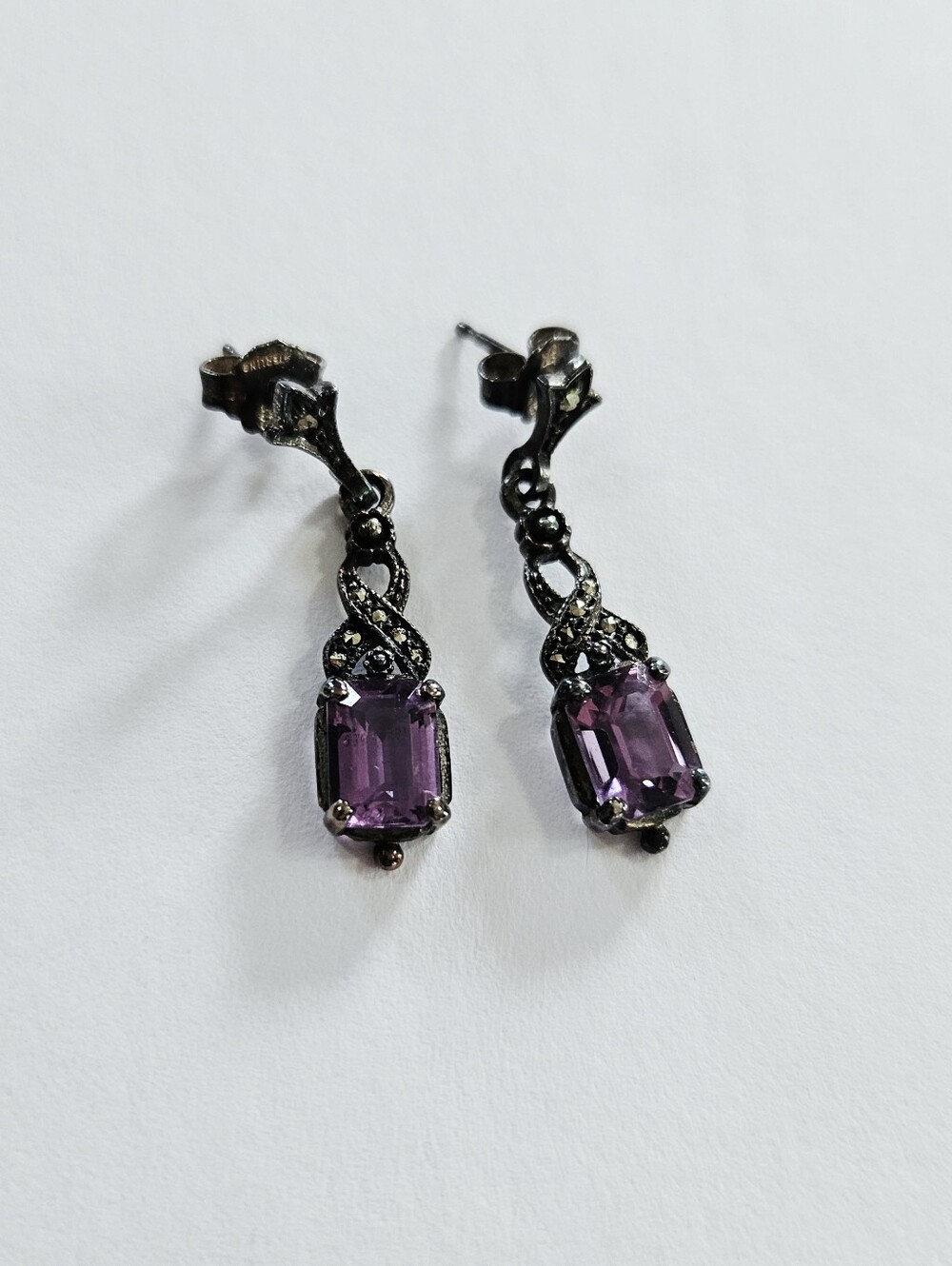 Vintage Art Deco Emerald Cut Amethyst Marcasite In Sterling Silver Drop Earrings